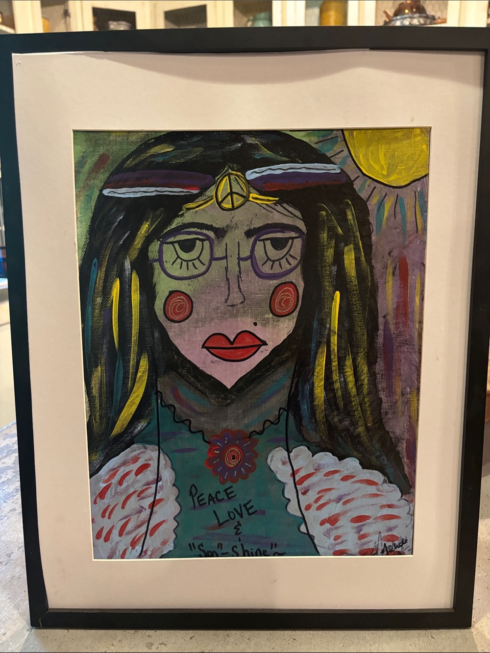 Framed 'Peace Love & Son shine! Portrait folk Art - Multicolor